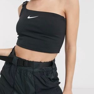 Nike one shoulder buckle crop top in black